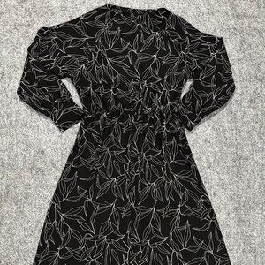 A New Day Womens Black Lilac Floral Print Midi Dress Medium Long Sleeve Elegant